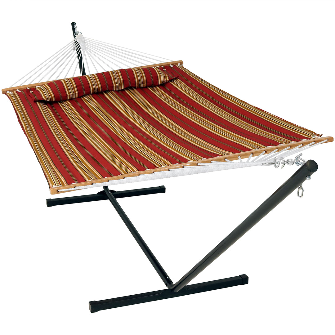 Sunnydaze 2-Person Quilted Fabric Hammock with Steel Stand and Pillow - Red Image 1