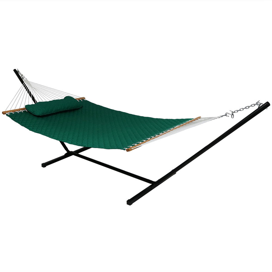 Sunnydaze 2-Person Quilted Fabric Hammock with Steel Stand - Green Image 1