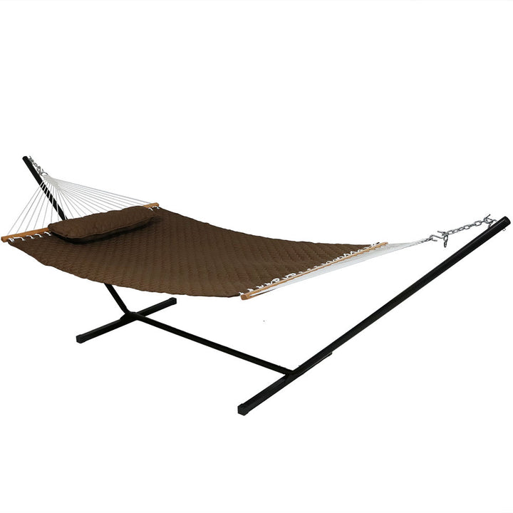 Sunnydaze 2-Person Quilted Fabric Hammock with Steel Stand - Brown Image 1