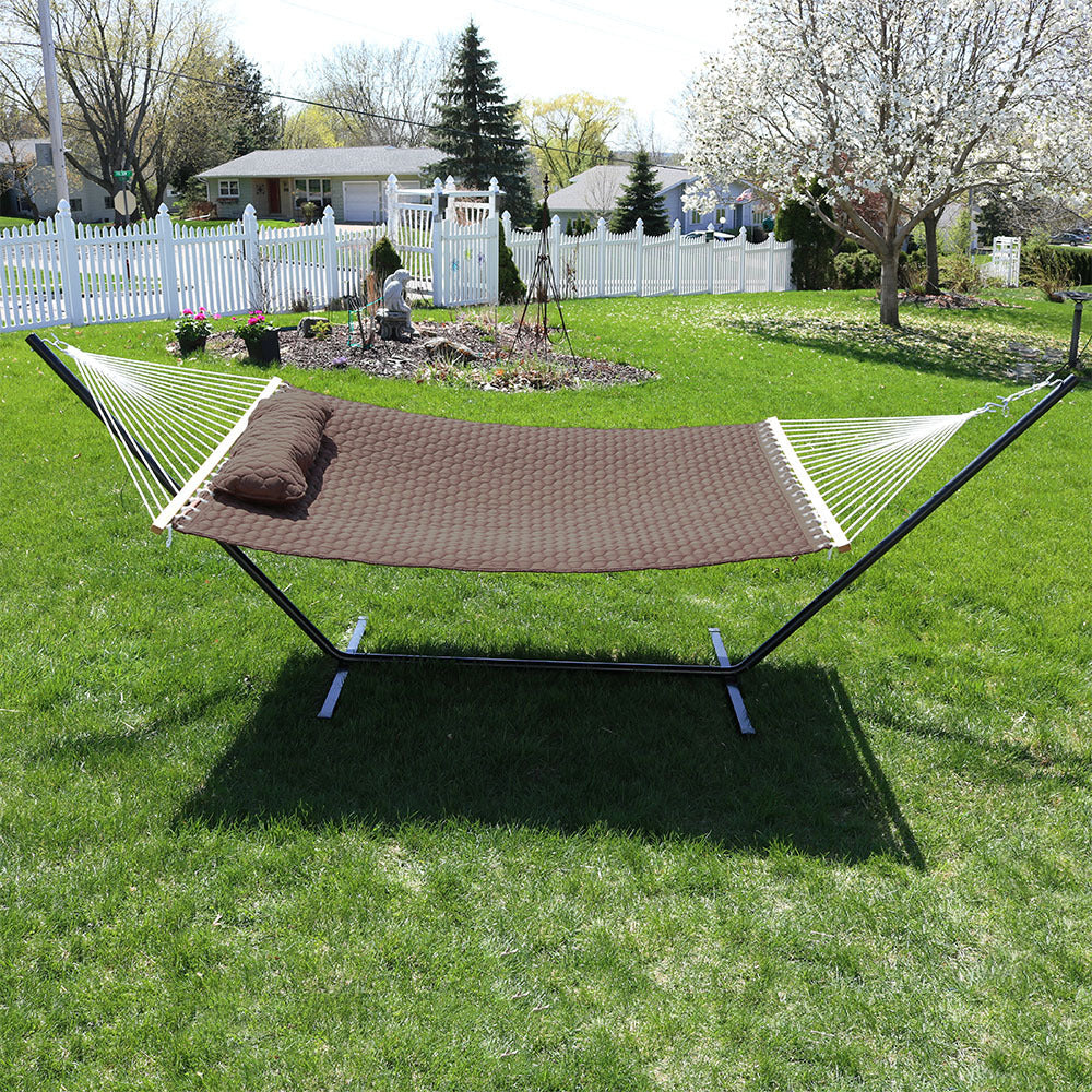 Sunnydaze 2-Person Quilted Fabric Hammock with Steel Stand - Brown Image 2