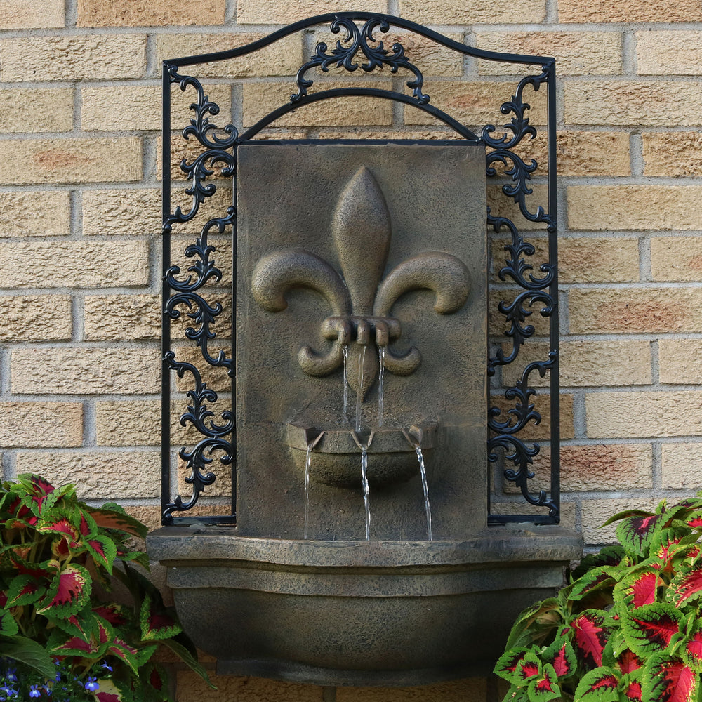 Sunnydaze French Lily Polystone Outdoor Wall Fountain - Florentine Stone Image 2