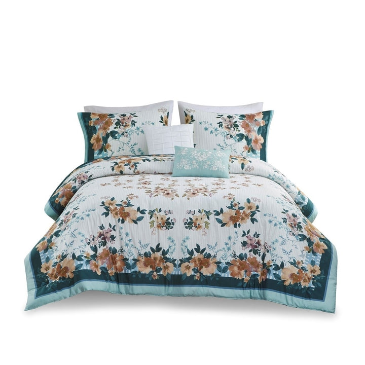 Gracie Mills Lemuel Floral Cotton Comforter Set Teal Grey Twin Size GRACE-15434 Image 1