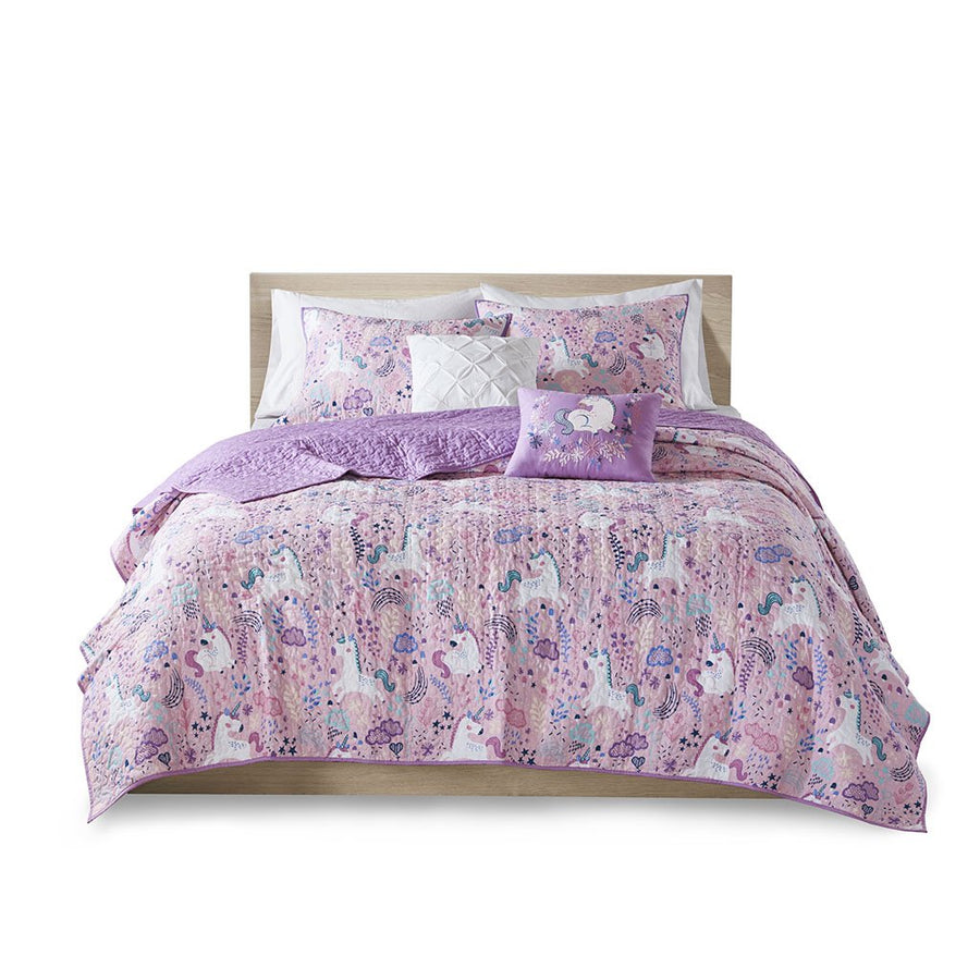 Gracie Mills Glenda 4-Peice Unicorn Reversible Cotton Quilt Set with coordinating Throw Pillows - GRACE-9203 Image 1