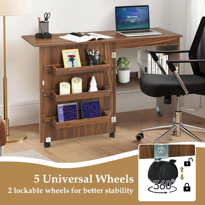 Folding Sewing Craft Table Shelves Cabinet Home Furniture W/Wheels Brown Image 5