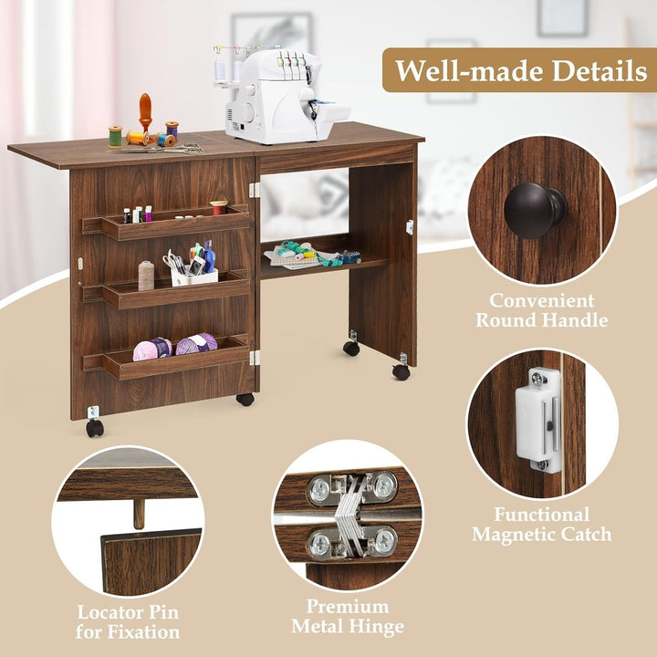 Folding Sewing Craft Table Shelves Cabinet Home Furniture W/Wheels Brown Image 7