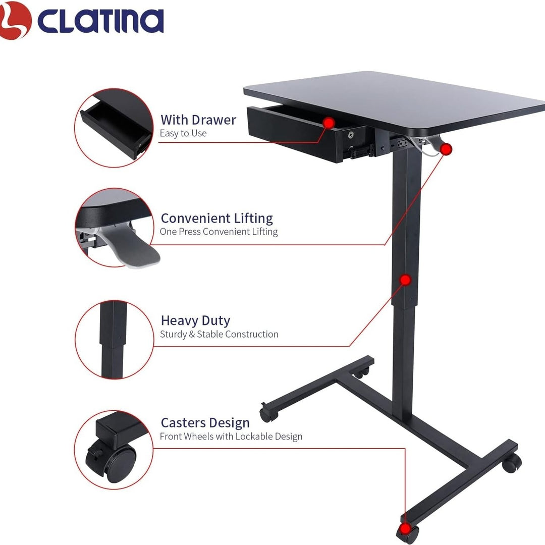 CLATINA Mobile Laptop Desk Cart Height Adjustable Pneumatic Sit to Stand Table Rolling Computer Cart with Drawer and Image 2