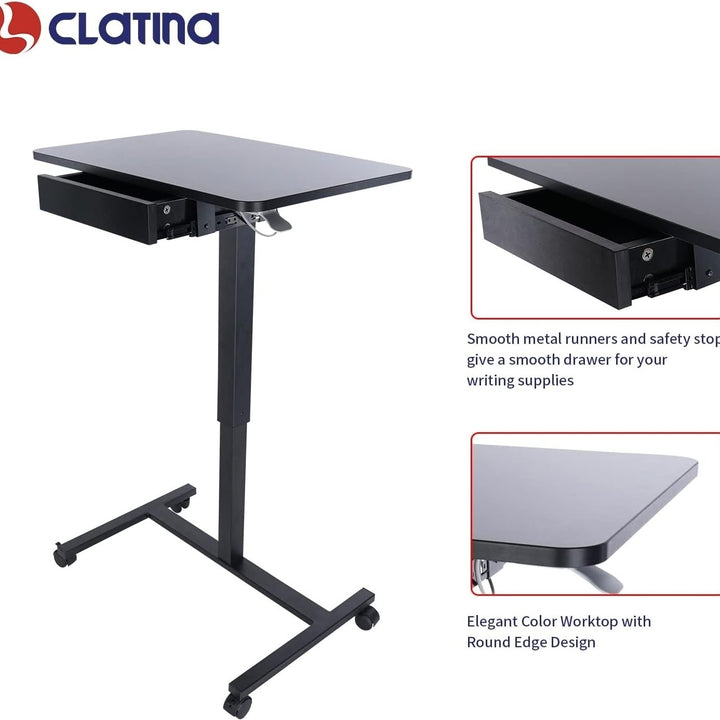 CLATINA Mobile Laptop Desk Cart Height Adjustable Pneumatic Sit to Stand Table Rolling Computer Cart with Drawer and Image 3