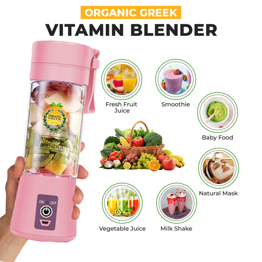 Organic Greek Portable Blender Juicer USB Pink 380ml Six Blades Smoothie Maker Image 1