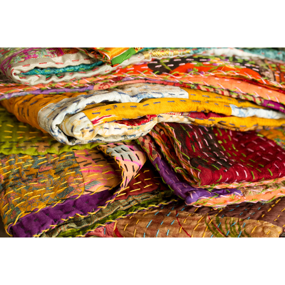 Taj Hotel Kantha Silk Throw 60x90 Handcrafted Cotton Vintage India Decor Image 2