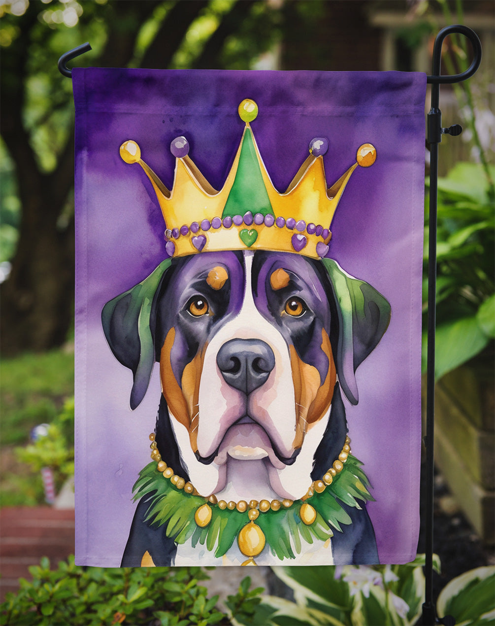 Greater Swiss Mountain Dog King of Mardi Gras Garden Flag Image 3