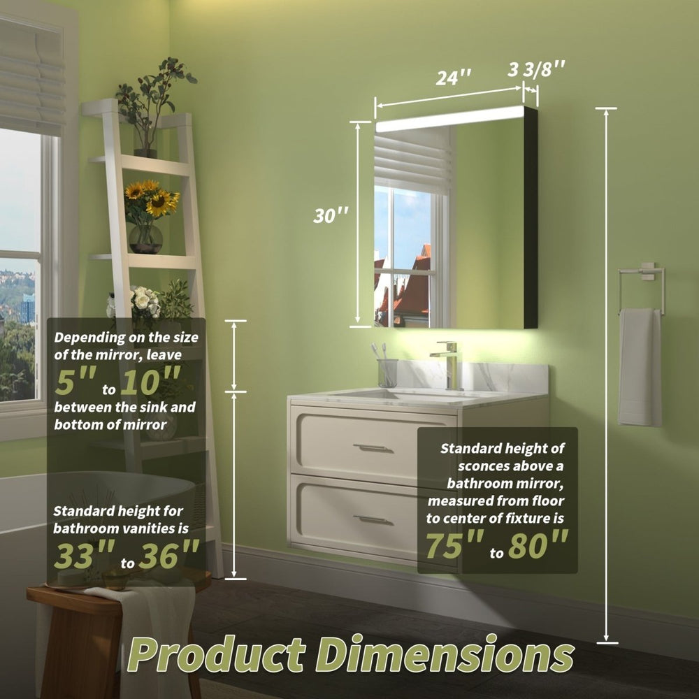 ExBrite 24" W x 30" H LED Light Bathroom Mirror Medicine Cabinet,Hinge on the Right Image 2