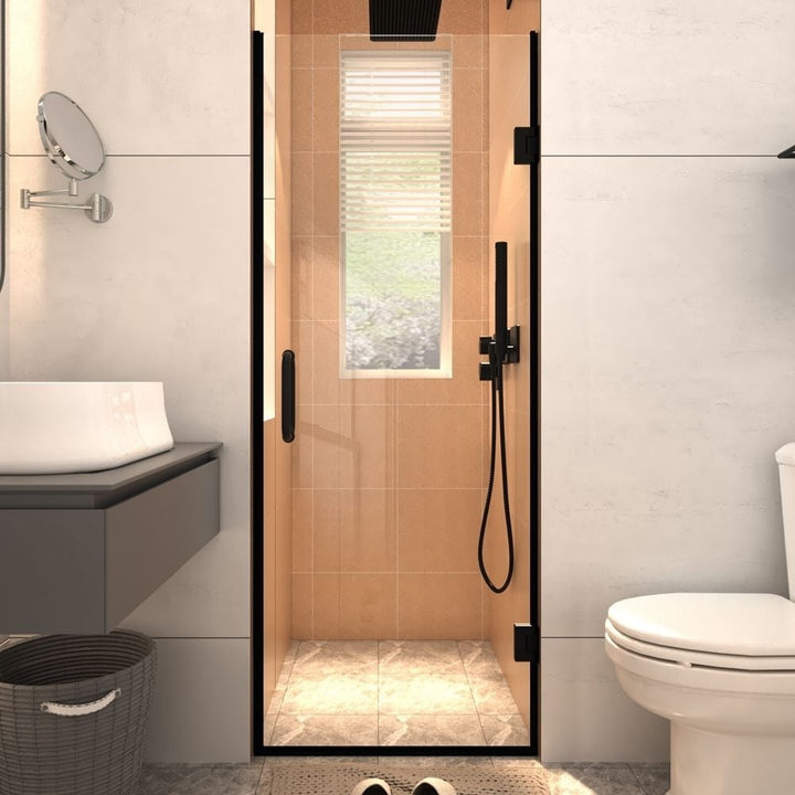 Gemini Semi-Frameless Hinged Shower Door 28x72 Black Tempered Glass Panel Image 1