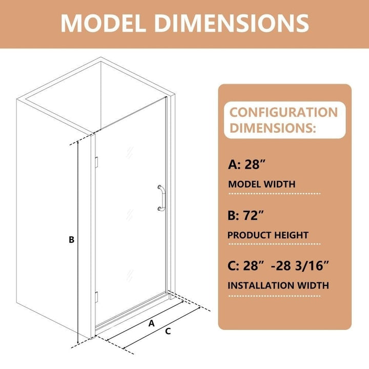 Gemini Semi-Frameless Hinged Shower Door 28x72 Black Tempered Glass Panel Image 2