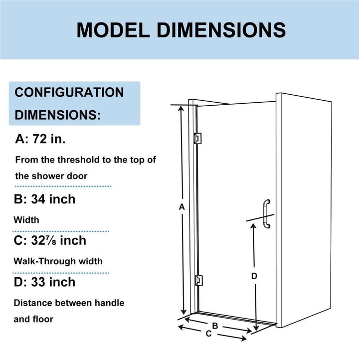 Gemini 34in W x 72in H Semi-Frameless Hinged Shower Door Chrome Clear Glass Image 2