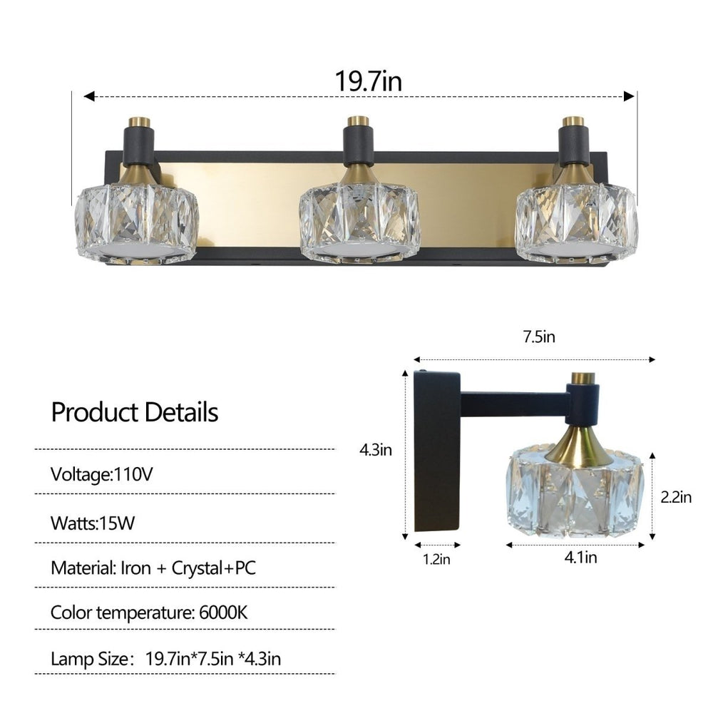 ExBrite 3-Light Crystal Bathroom Vanity Light Yellow Brown Modern Iron Fixtures Image 2