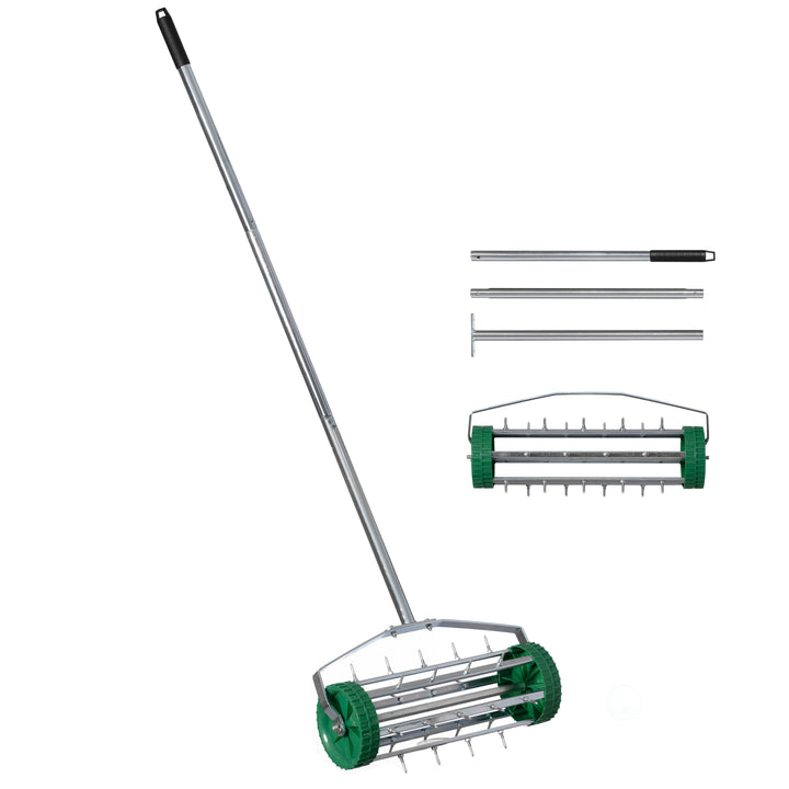 Durable Rolling Lawn Aerator Steel Handle Sharp Metal Tines 16.5in x 57.5in Image 1