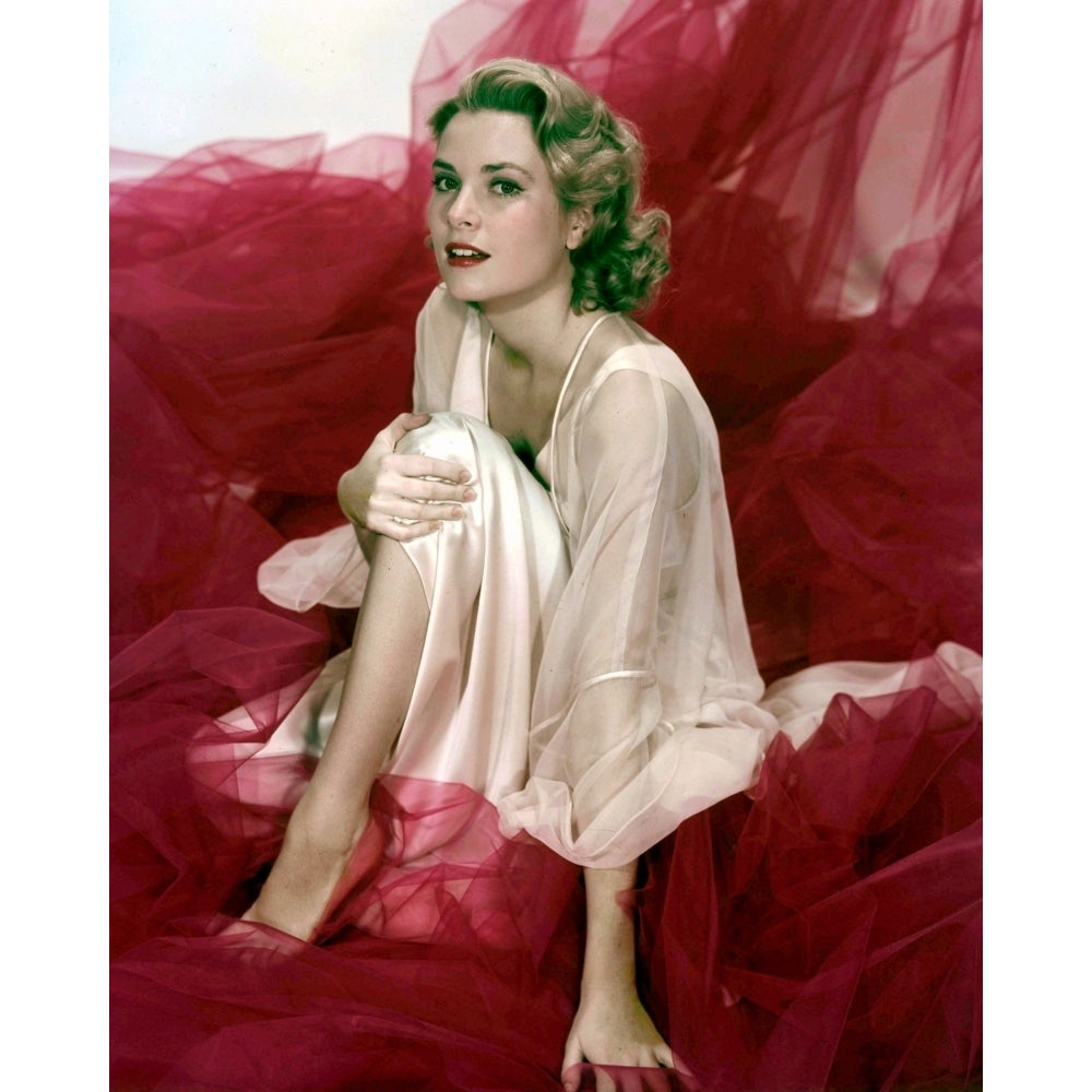 Grace Kelly - Sitting With Knee Up on Sheer Red Fabric Photo Print (8 x 10) - Item DAP18261 Image 1