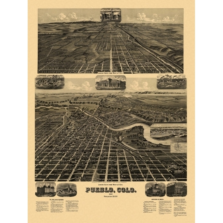 Antique Map of Pueblo Colorado 1890 Pueblo County Poster Print (36 x 54) Image 1