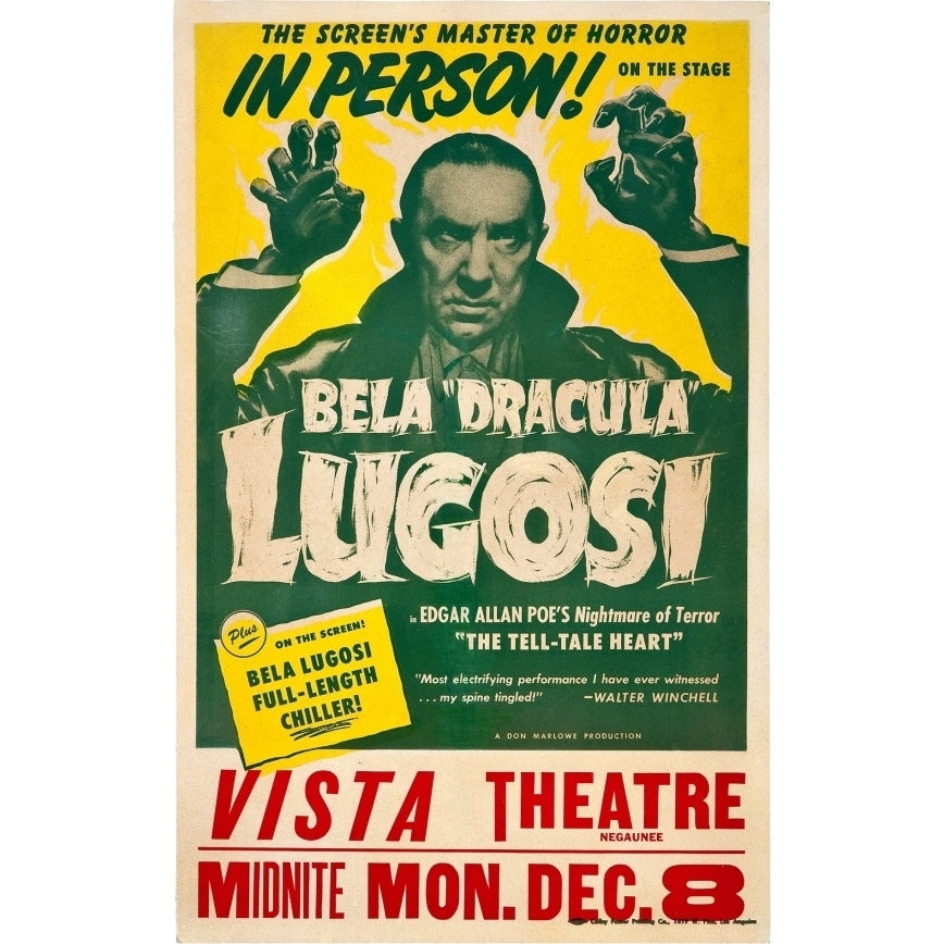 Bela Dracula Lugosi In Person Vista Theatre Poster Print (18 x 24) Image 1