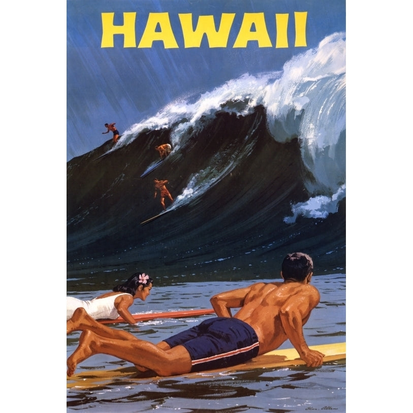 Hawaii Surfing The Big Wave Vintage Travel Poster Print (18 x 24) Image 1