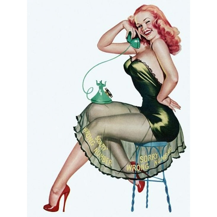 Pin Up Art Redhead On A Stool With Phone Poster Print (18 x 24) Image 1