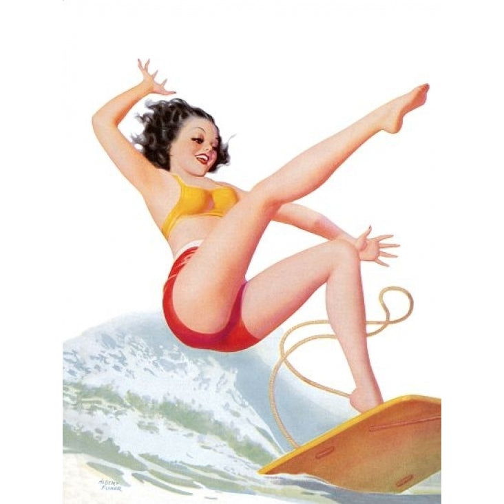 Pin Up Art Brunette Falling Off A Surf Board Poster Print (18 x 24) Image 1