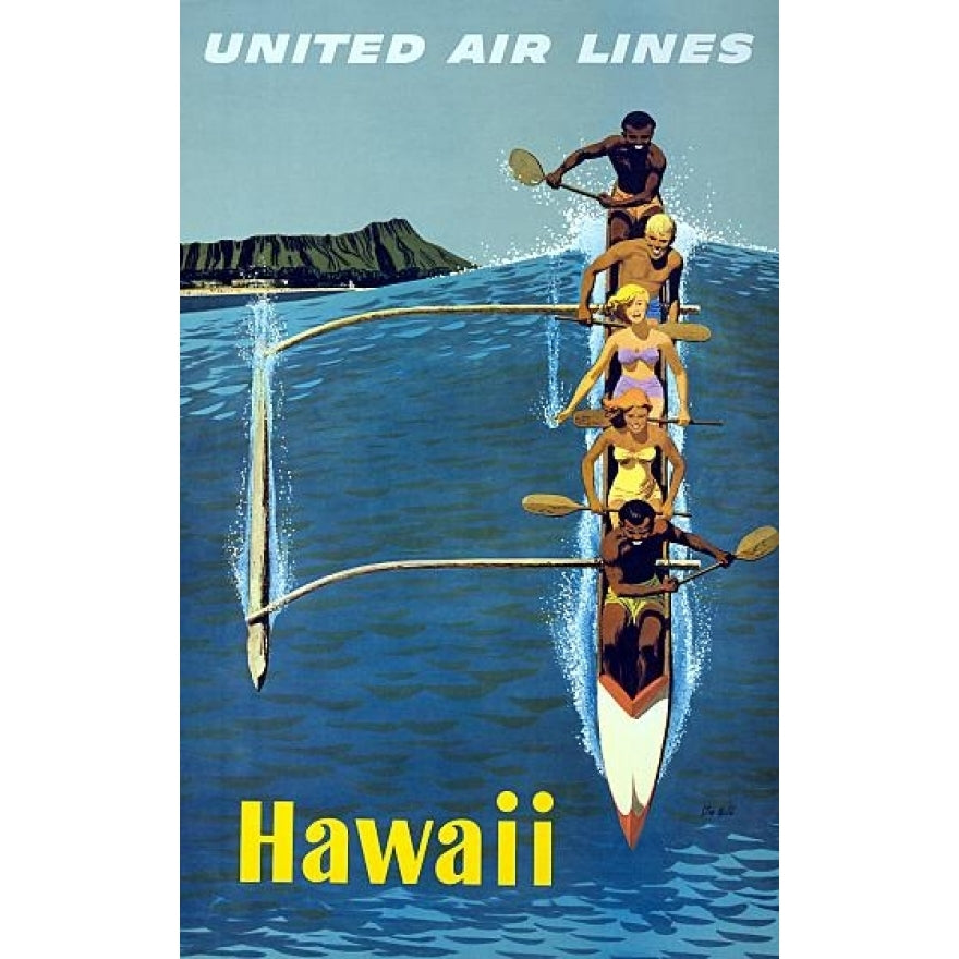 Hawaii United Air Lines Riding The Waves Travel Poster Print (24 x 36) Image 1