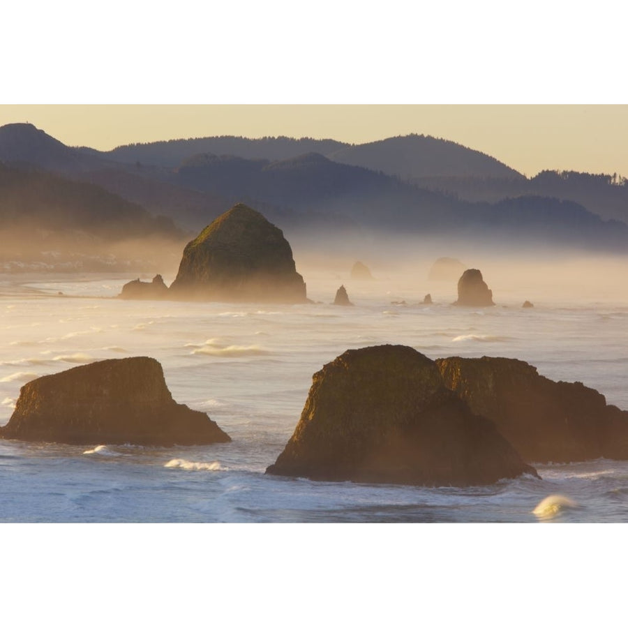 Sunrise and morning fog add beauty to Cannon Beach and Haystack Rock from Ecola State Park; Oregon United States of Image 1