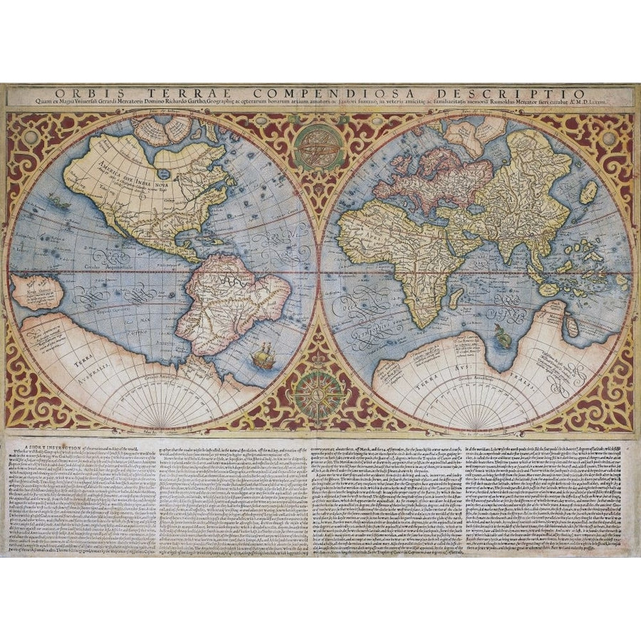 Map of the world by Gerard Mercator first published circa 1595. Orbis terrae compendiosa descriptio. Poster Print by Ken Image 1