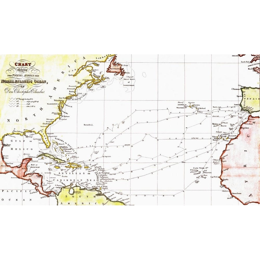 Map showing the routes of the four voyages of Christopher Columbus between 1492 and 1504. After an early 19th century Image 1