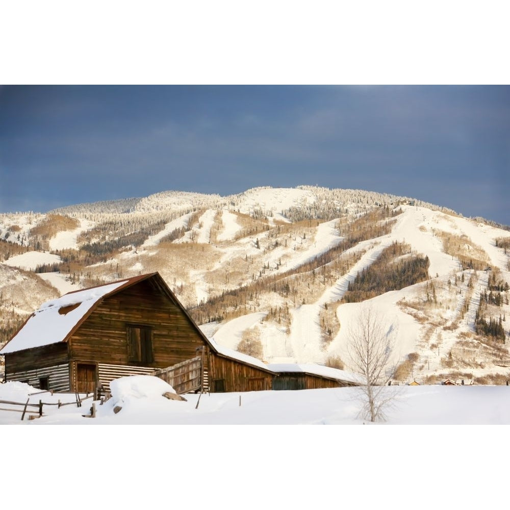 The famous Steamboat Barn (More Barn) and snow covered mountainside; Steamboat Springs Colorado United States of America Image 1