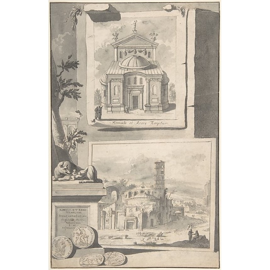 A Reconstruction of the Temple of Romulus and Remus (above) and a View of the Ruins (below) Poster Print by Jan Goeree Image 1