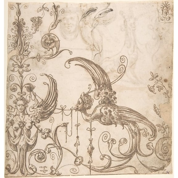 Design for a Grotesque Decoration; Grotesques with a Lion Fantastical Creature Mask and Bird (verso) Poster Print by Image 1