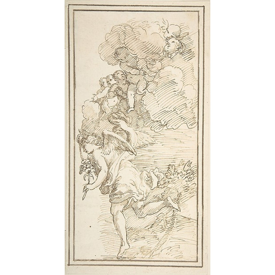 Archangel Holding a Lily in a Landscape with Clouds Bearing Putti (Fragment of a Scene of the Annunciation) Poster Print Image 1