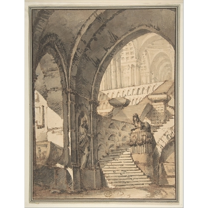 Framed Design for a Stage Set with Arches Stairs Human Figure and Sphinx Statue. Poster Print by Attributed to Mauro Image 1