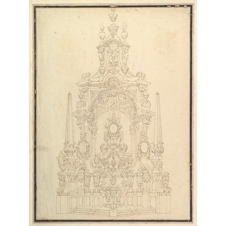 Elevation of a Catafalque: Obelisks at the Corners and One in Center Poster Print by Workshop of Giuseppe Galli Bibiena Image 1