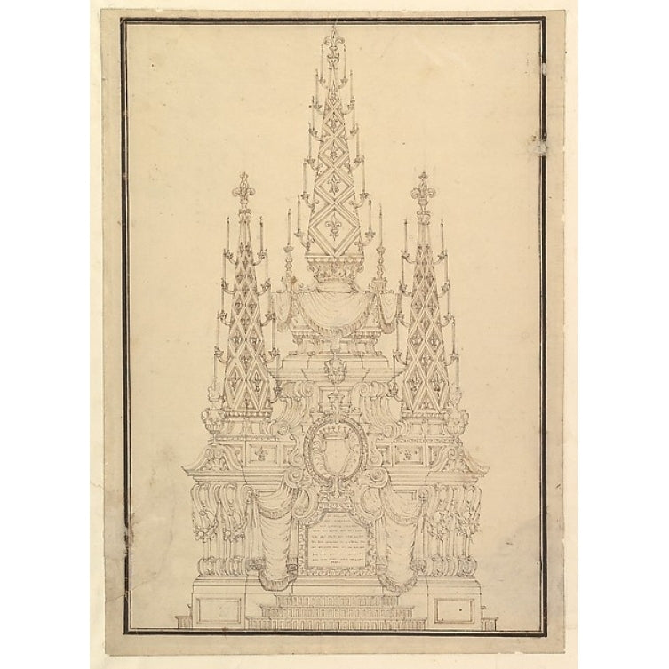 Elevation of a Catafalque Three Obelisks with Fluer-de-lys and Candles Dated on Plaque at Bottom 1733. Poster Print by Image 1