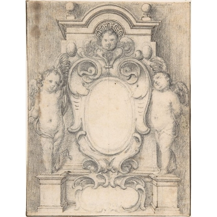 Cartouche between two cherubs on pedestals Poster Print by Italian 17th or 18th century Date: ca. 1700 Medium: Pen Image 1