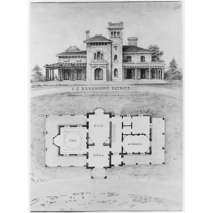 The J. C. Baughman (Scotten) House Detroit Michigan (front elevation and plan) Poster Print by Alexander Jackson Davis Image 1