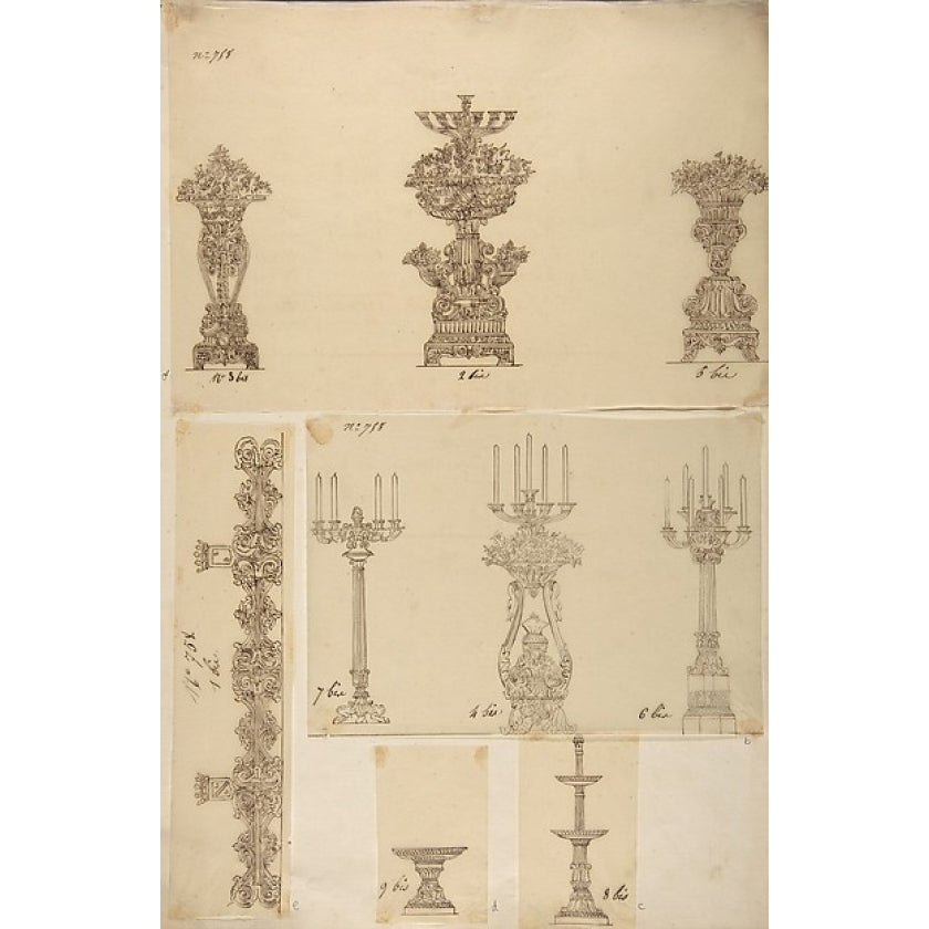 Designs for Three Planters Three Candelabras a Dish and a Serving Tray Poster Print by French 19th century (18 x Image 1