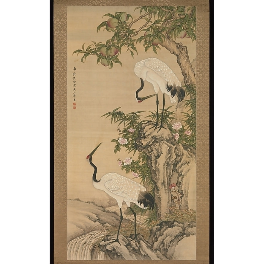 Cranes Peach Tree and Chinese Roses Poster Print by After Shen Nanpin (Japanese: Shin Nanpin) (Chinese Image 1