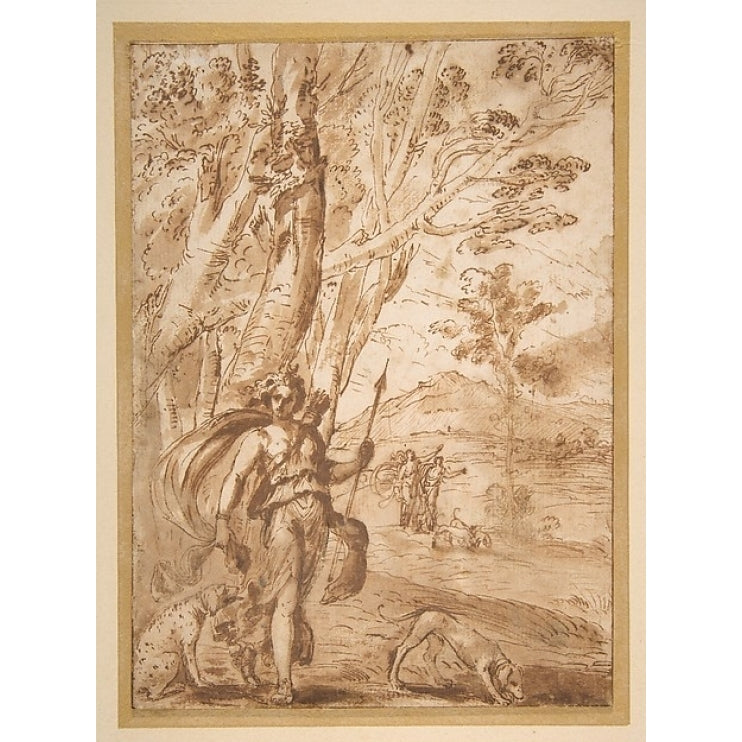 The Goddess Diana with Her Hounds Standing in a Landscape. Poster Print by Agostino Tassi (Italian Ponzano Romano ca. Image 1