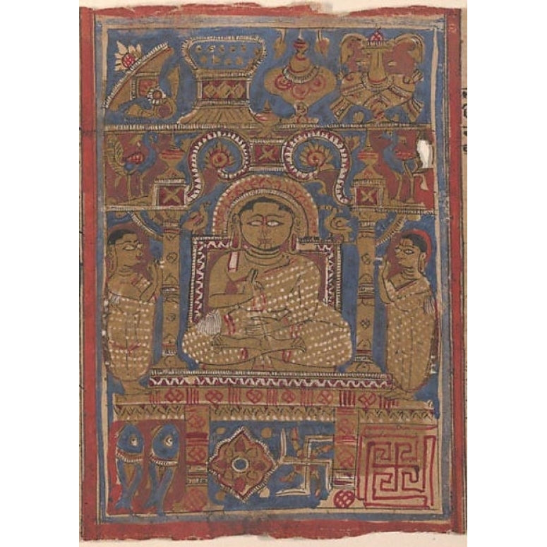 A Tirthankara and the Eight Auspicious Symbols; Page from a Dispersed Kalpa Sutra (Jain Book of Rituals) Poster Print Image 1