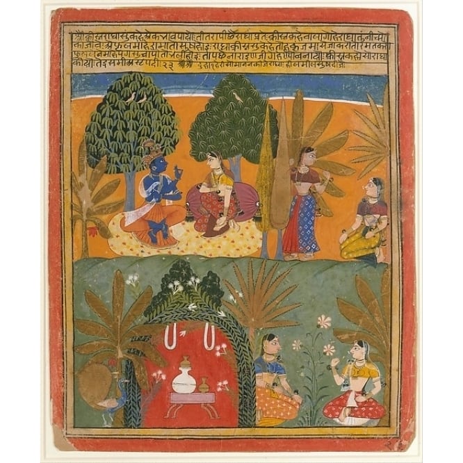 Krishna and Radha with Their Confidantes: Page from a Dispersed Gita Govinda Poster Print by Style of Manohar (active Image 1