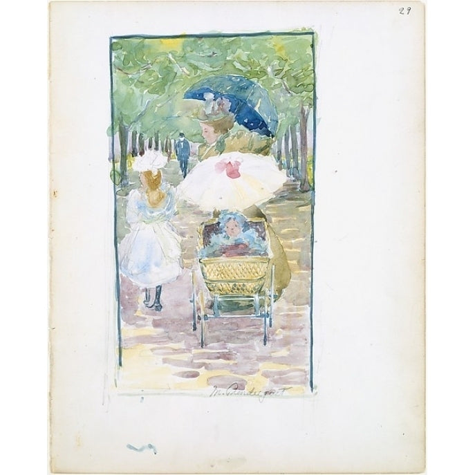 Large Boston Public Garden Sketchbook: A mother pushing her baby in a perambulator with her daughter at her side Poster Image 1