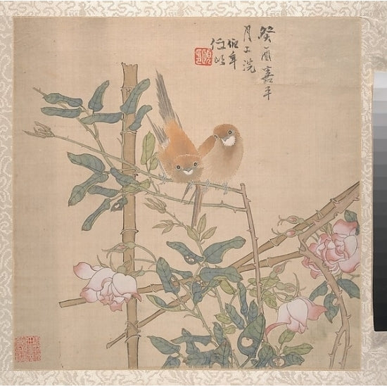 Two Birds Perched on a Flowering Rose Bush Poster Print by Ren Yi (Ren Bonian) (Chinese 1840 ??1896) (18 x 24) Image 1