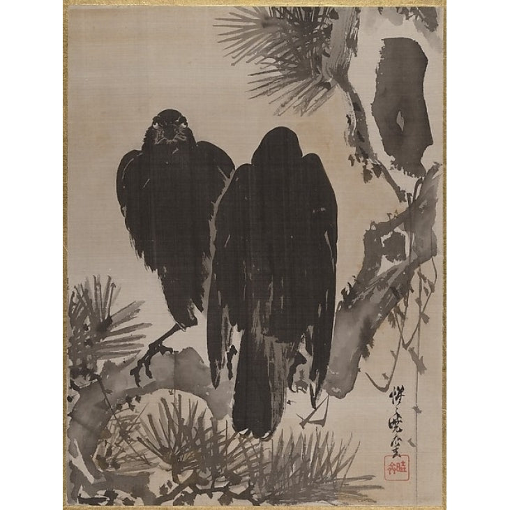 Two Crows on a Pine Branch Poster Print by Kawanabe Kyosai (Japanese 1831 ??1889) (18 x 24) Image 1