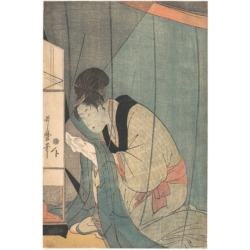 Woman Reading A Letter by Oil Lamp Poster Print by Kitagawa Utamaro (Japanese 1753 ??1806) (18 x 24) Image 1