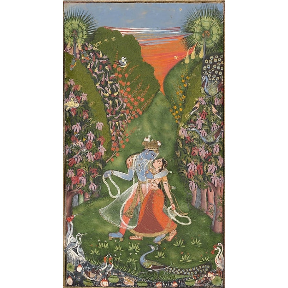 Radha and Krishna Walk in a Flowering Grove (recto); Krishna Fluting (verso) Poster Print by The Kota Master (Indian Image 1