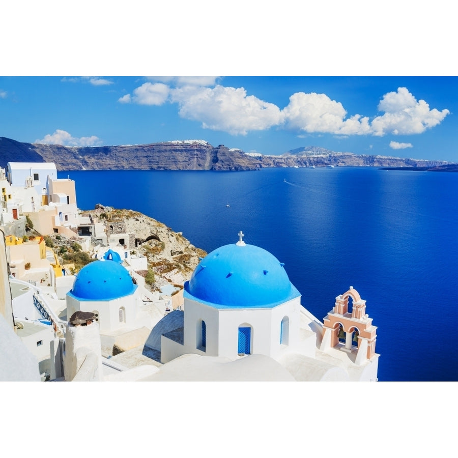 Santorini Island Greece Beautiful View of Blue Ocean and Traditional Dome Church Architecture Poster Print (8 x 10) Image 1